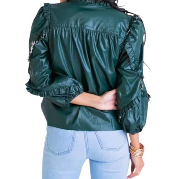 NEW KARLIE pleather ruffle sleeve top in green - Picture 2 of 3